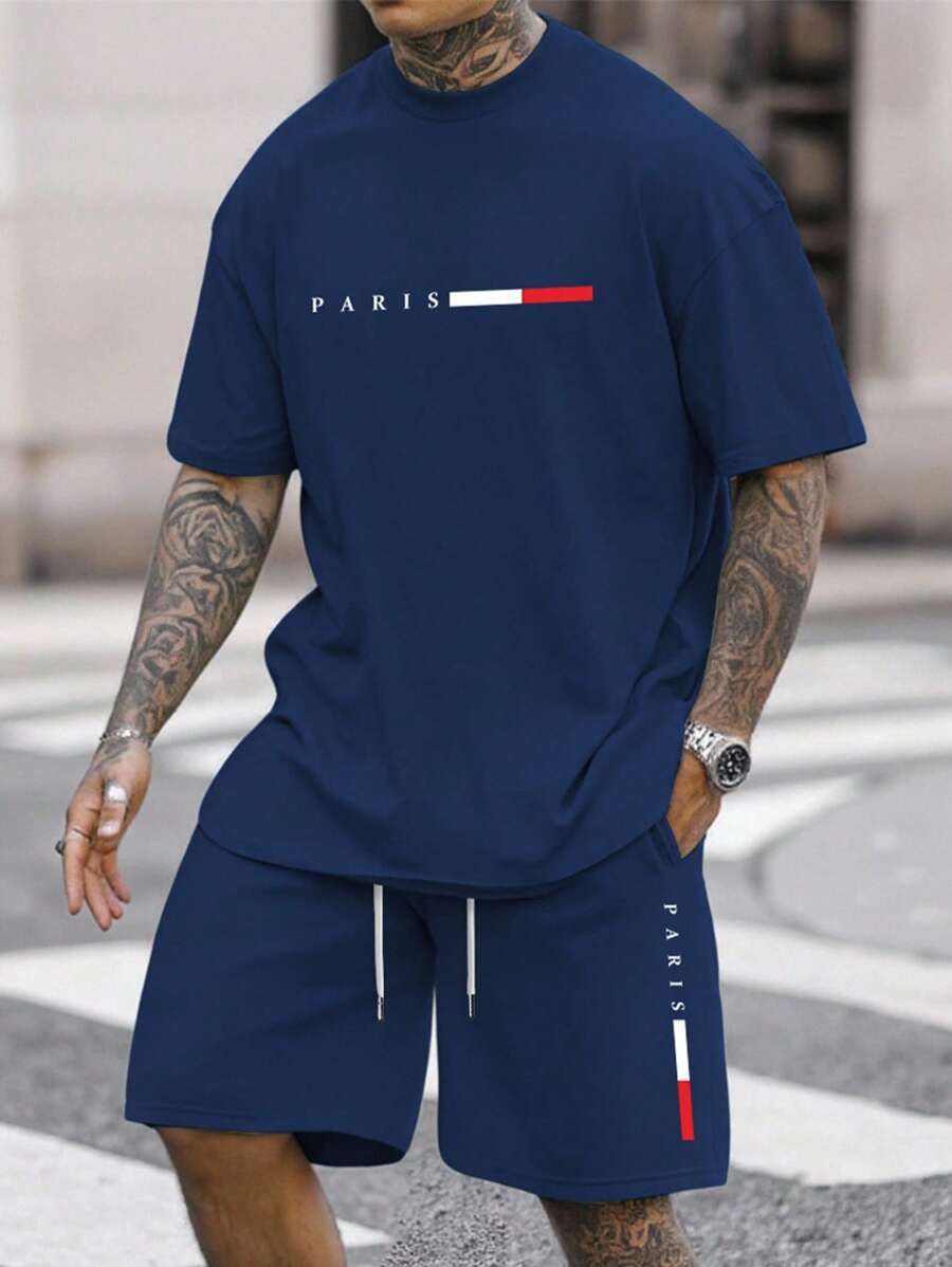 Manfinity Homme Set da uomo taglie forti composto da T-shirt a maniche corte con stampa a lettera e pantaloncini con coulisse e tasche, set da 2 pezzi