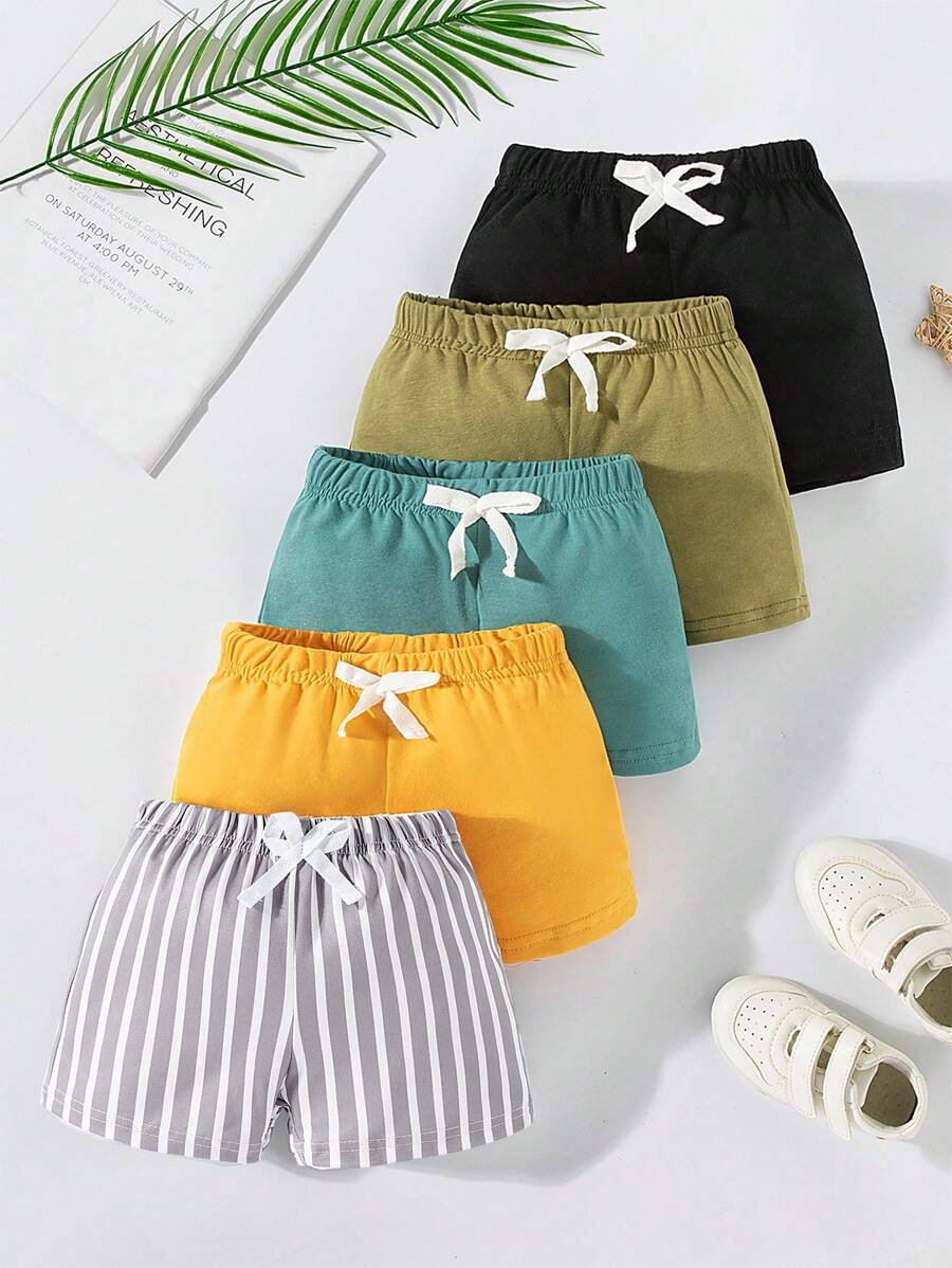 SHEIN Playful Pals 5 Pcs Baby/Toddler Boys' Comfortable Casual Shorts, Summer 2024 New Arrival