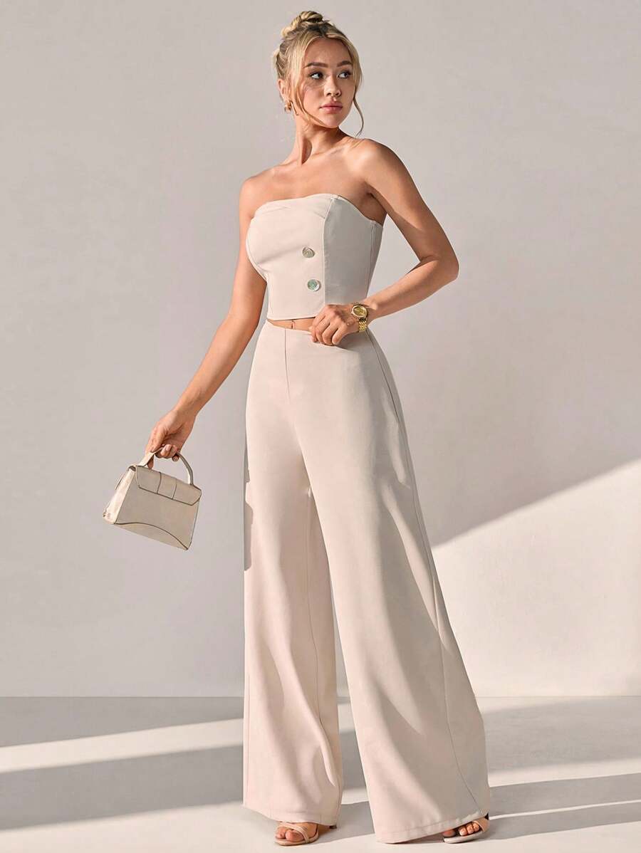 CLARA VERO 2 piezas Crop Top y Pantalón de Pierna Ancha