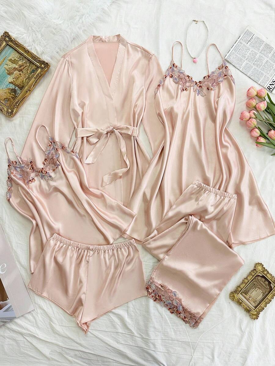 SHEIN 5 Stücke Große Größen Gestickte Spitze Besatz Faux-Seide Schlafanzug Set