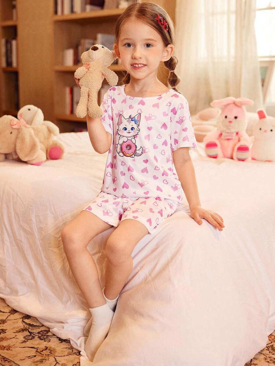SHEIN Conjunto de 2 piezas de pijama para niñas (talla pequeña) con estampado de gatito y dona en forma de corazón