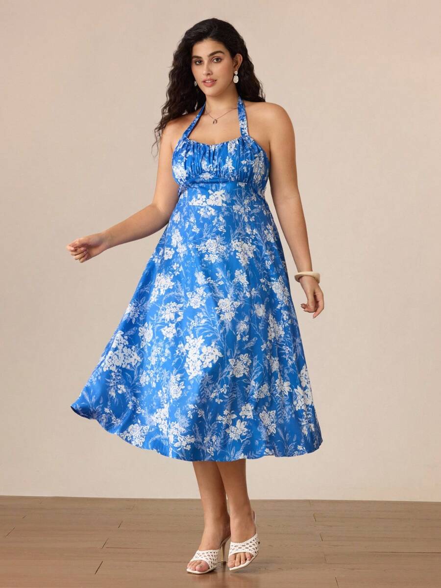 SHEIN MOD Plus Size Women Blue & White Halter Dress,Halter Neck Straps, Sexy Beach Dress,Garden Party Dress,Waist-Hugging Sundress,Suitable For Holiday, Picnic, Beach, Date, Casual Wear,Valentines Clothes,Vacation Outfits Woman,Summer Outfits For Women,Beach Outfits For Wom