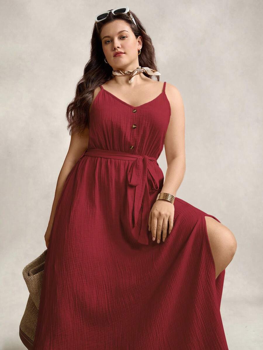 SHEIN LUNE Plus Size Women's Apricot Textured Fabric Side Split Long Dress Comfortable Cotton