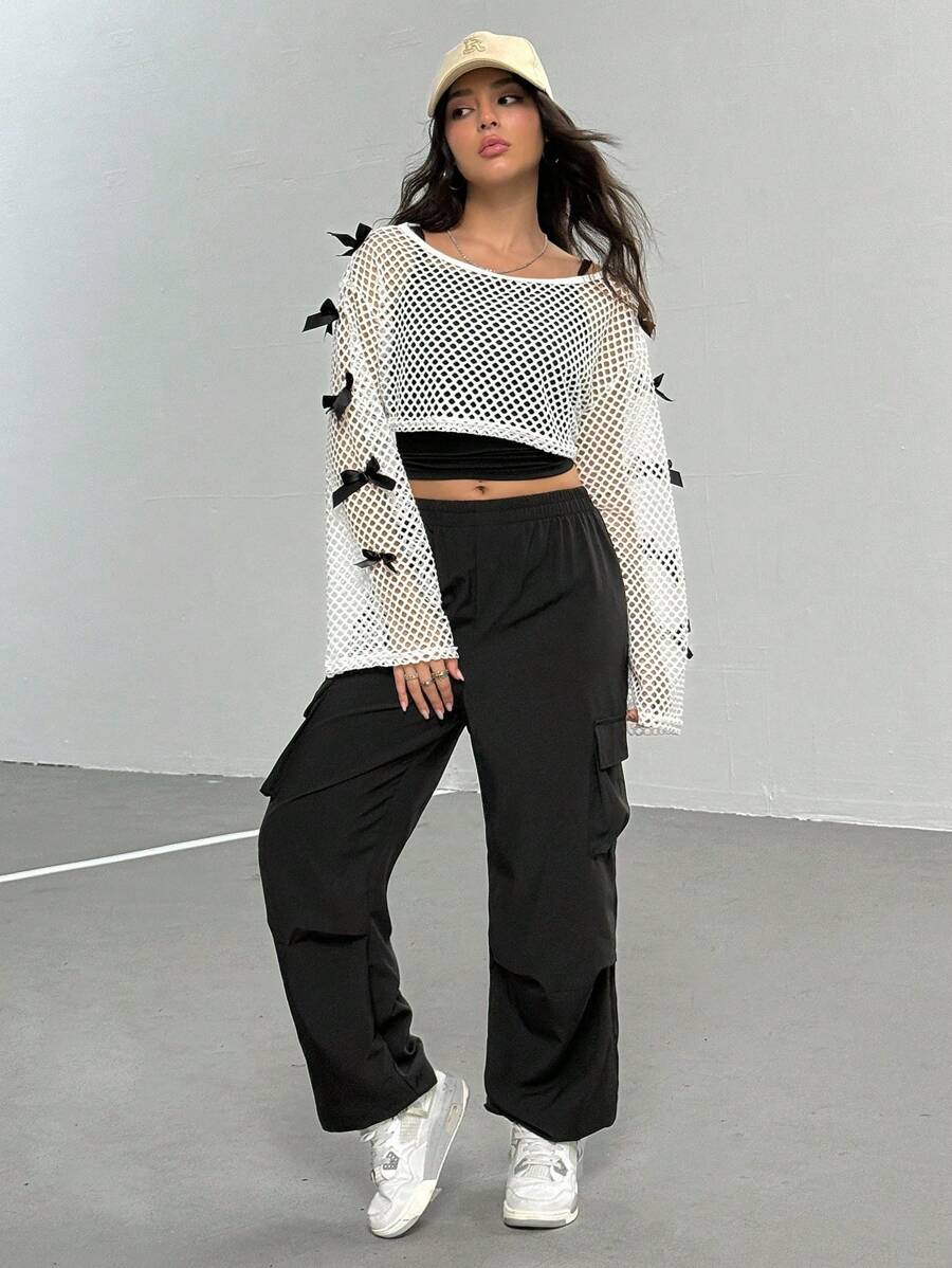 Set da 3 pezzi da ragazza adolescente - Top in in rete con fiocco nero, abbinato a canotta nera e pantaloni cargo con tasche alla caviglia, adatto per uso casual, pendolarismo, uscite