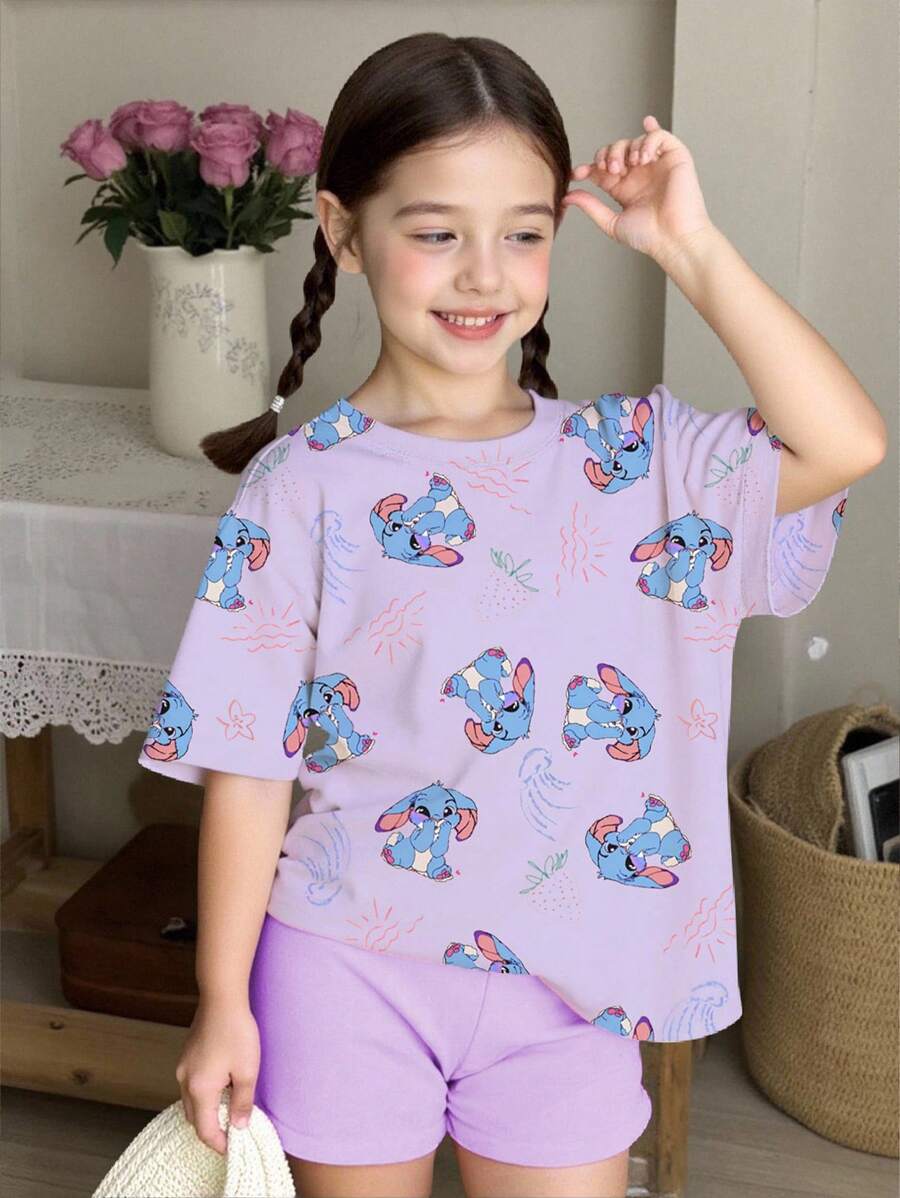GraphicGems 1 Set Tween Girls' Casual Cute Animal & Strawberry Print Short Sleeve T-Shirt And Shorts Set, Fashionable And Comfortable For Spring/Summer Outings, Streets, Home Or School