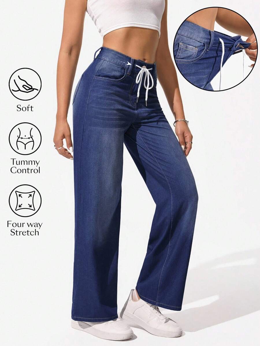 SHEIN Essnce Jeans rectos de talle elástico con cordón a la cintura, lavado, de uso casual diario para mujeres