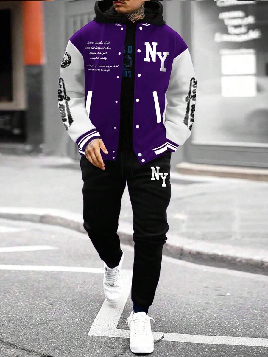 Manfinity Homme 2 pezzi Completo uomo giacca e pantaloni, giacca con colletto da baseball monopetto, stampa a lettere, colore a contrasto, maniche lunghe