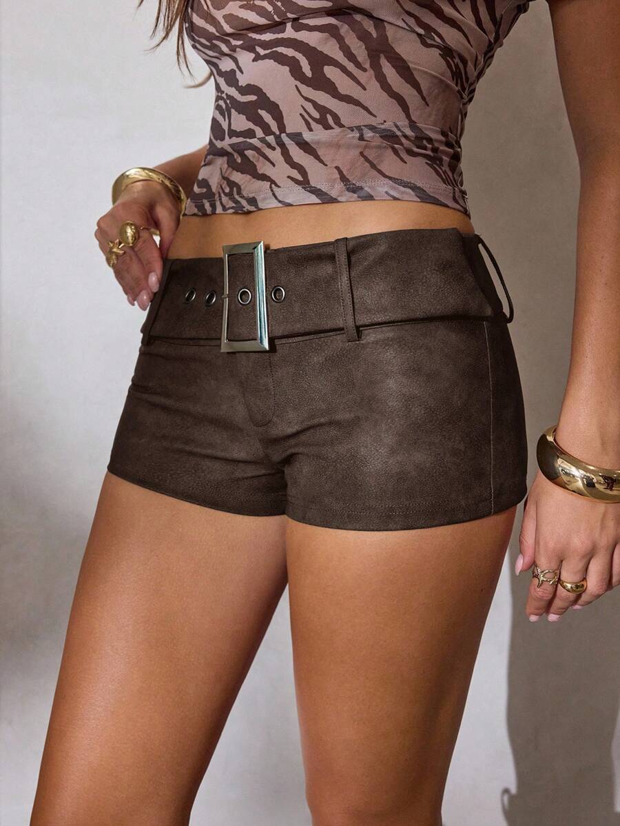 Aloruh Pantaloncini mini in PU con effetto lavato e slavato, con cintura, stile retrò wasteland, per primavera/estate