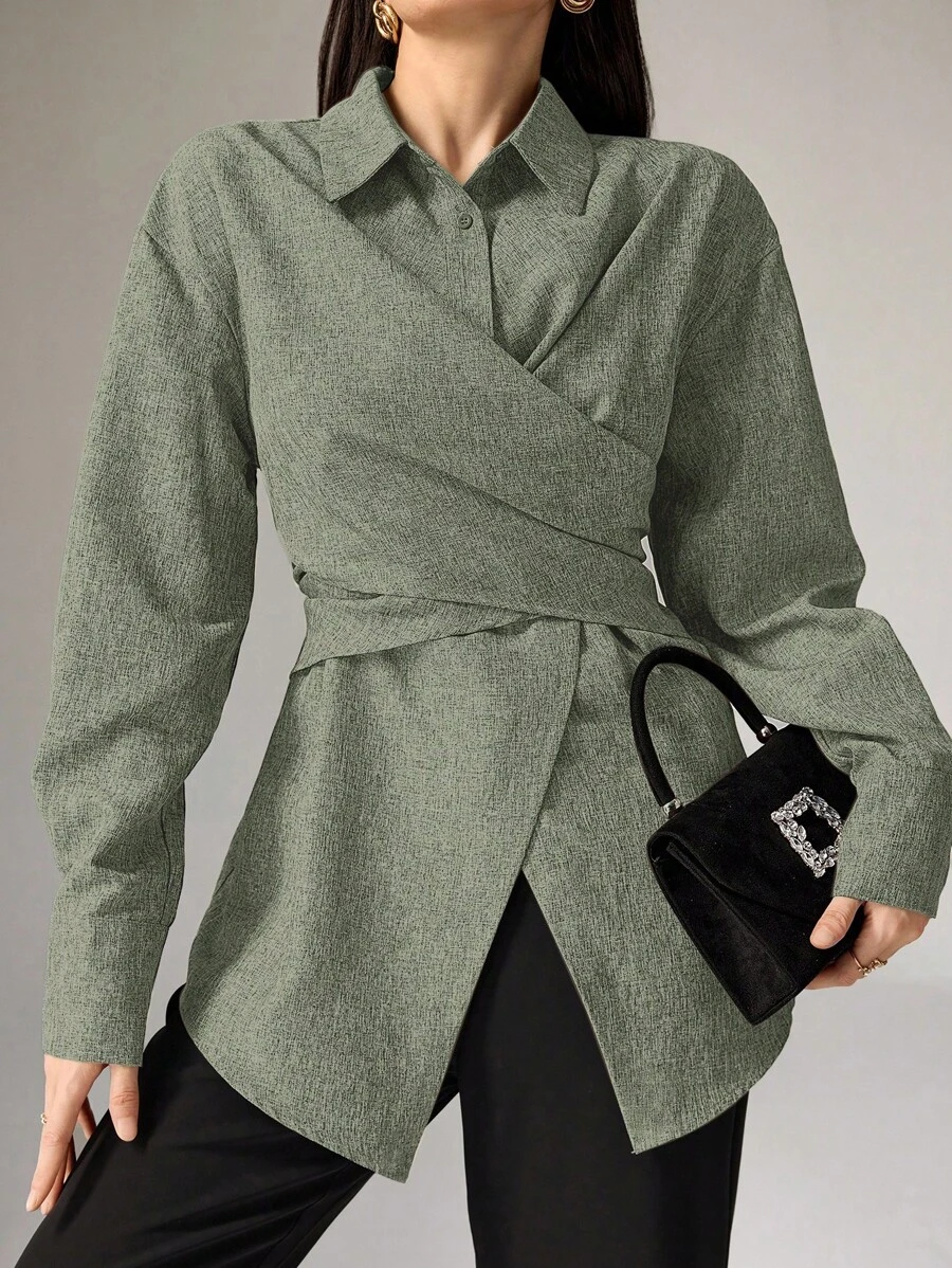 Heiryn Women's Casual/Office Solid Color Cross-Wrap Blouse
