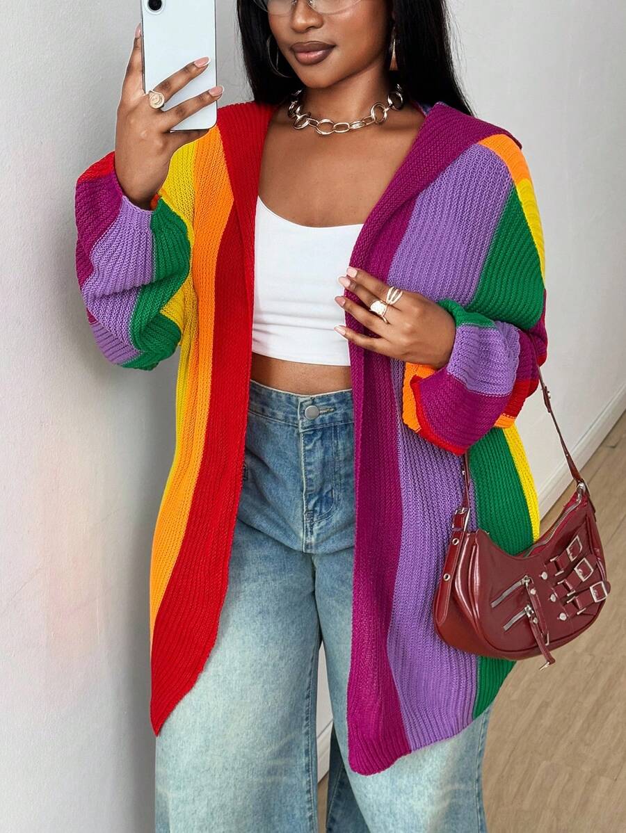 Maweii Plus Size Women Rainbow Striped Cardigan Sweater