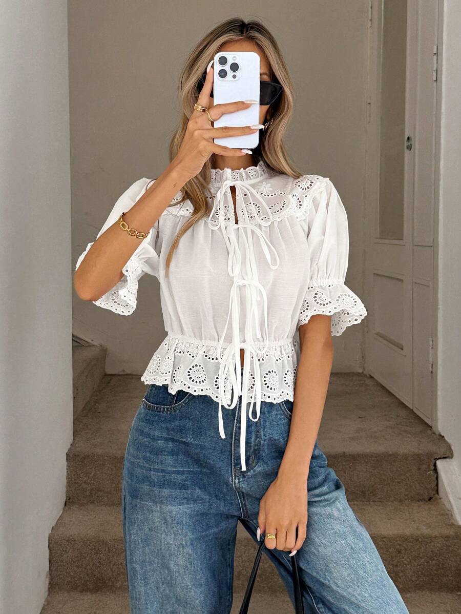 Easowa Flounced Collar With Bowknot, Ruffled Hem, Puff Sleeve Shirt, Hollow Embroidery Jacquard Fabric, Casual Vacation Elegant Blouse For Women, Spring/Summer