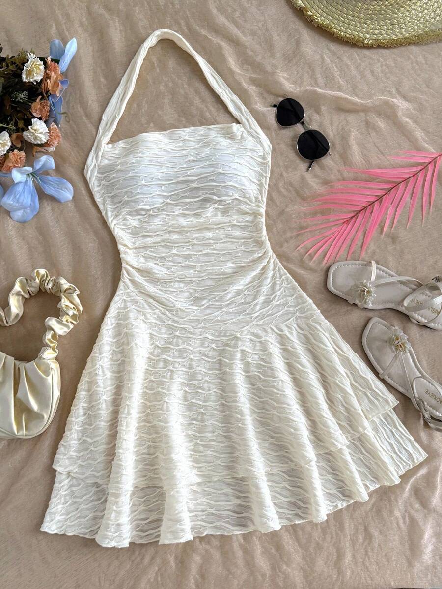 SHEIN Vestido Confortável Minimalista Casual de Malha para Meninas Pré-Adolescentes com Decote Halter e Cintura