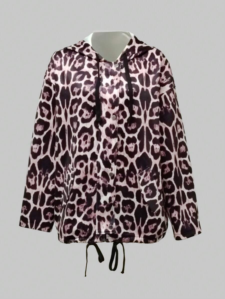 INAWLY Women Front Zipper Long Sleeve Leopard Print Minimalist Hooded Casual Jacket
