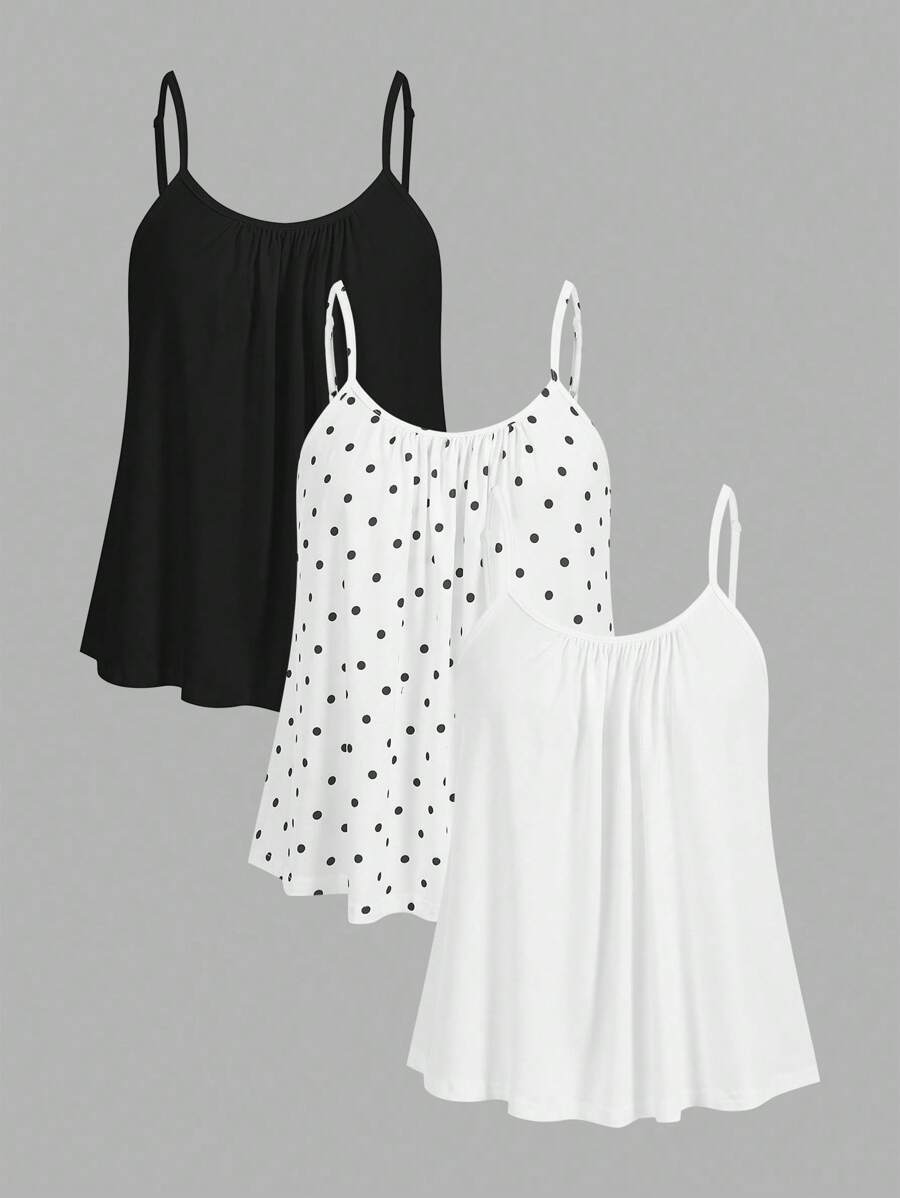 SHEIN EZwear 3 pièces Ensemble femme Débardeur à bretelles réglables avec motifs pois plissés, Coupe ample, Adapté pour le printemps/été