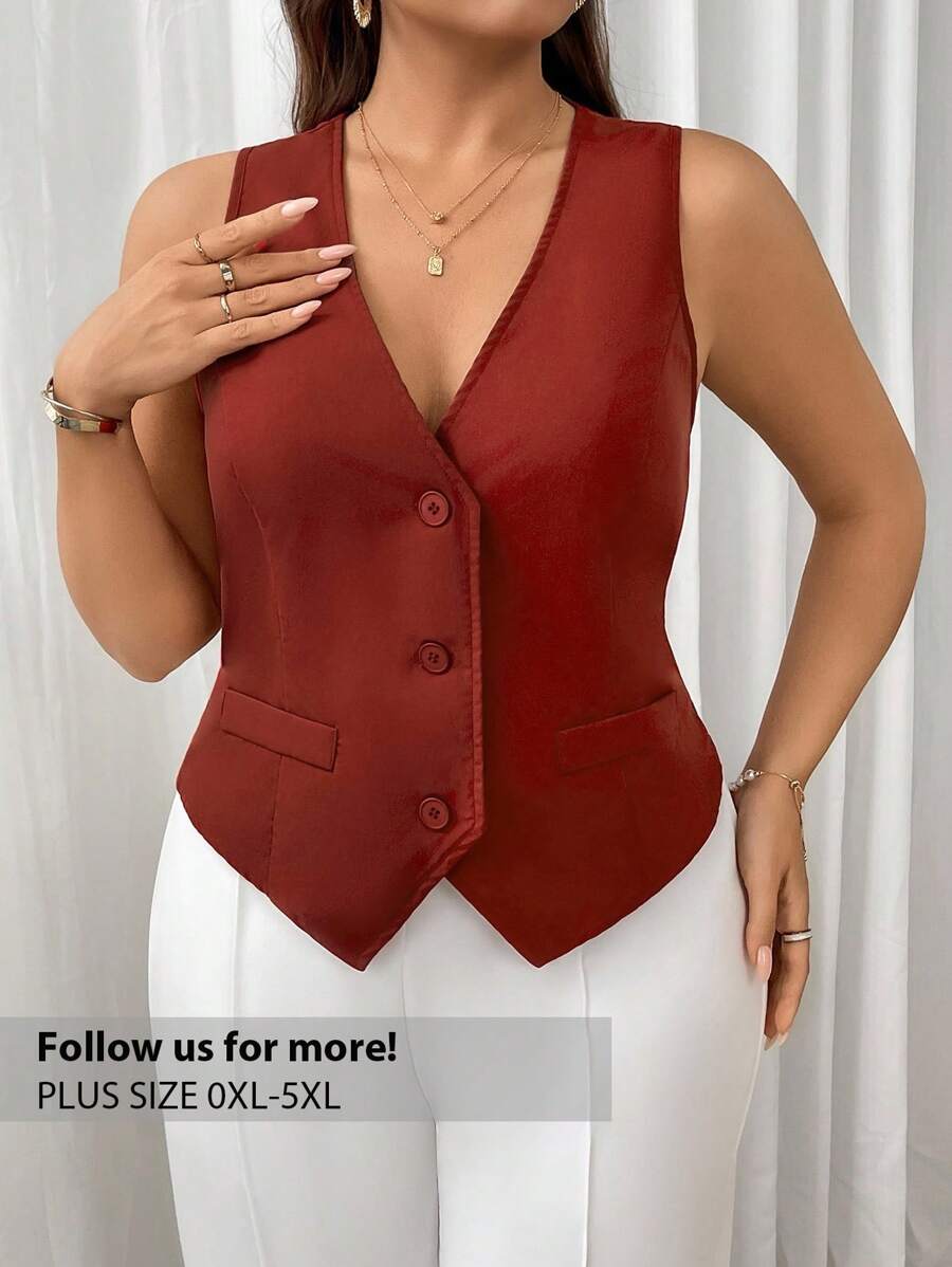 Firerie Plus Size Elegant Commuting High Street Mesh Luxury Occasion Sleeveless Blazer, Wear Alone Or As Outerwear, Rose Red Graduation,Back To School,Teacher Outfits For Women