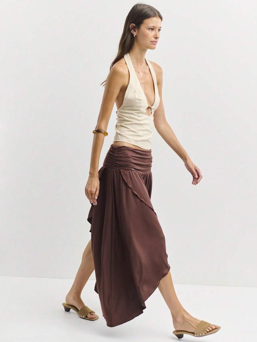 Nöista Women's Solid Color Waist Ruched Asymmetrical Hem Casual Skirt
