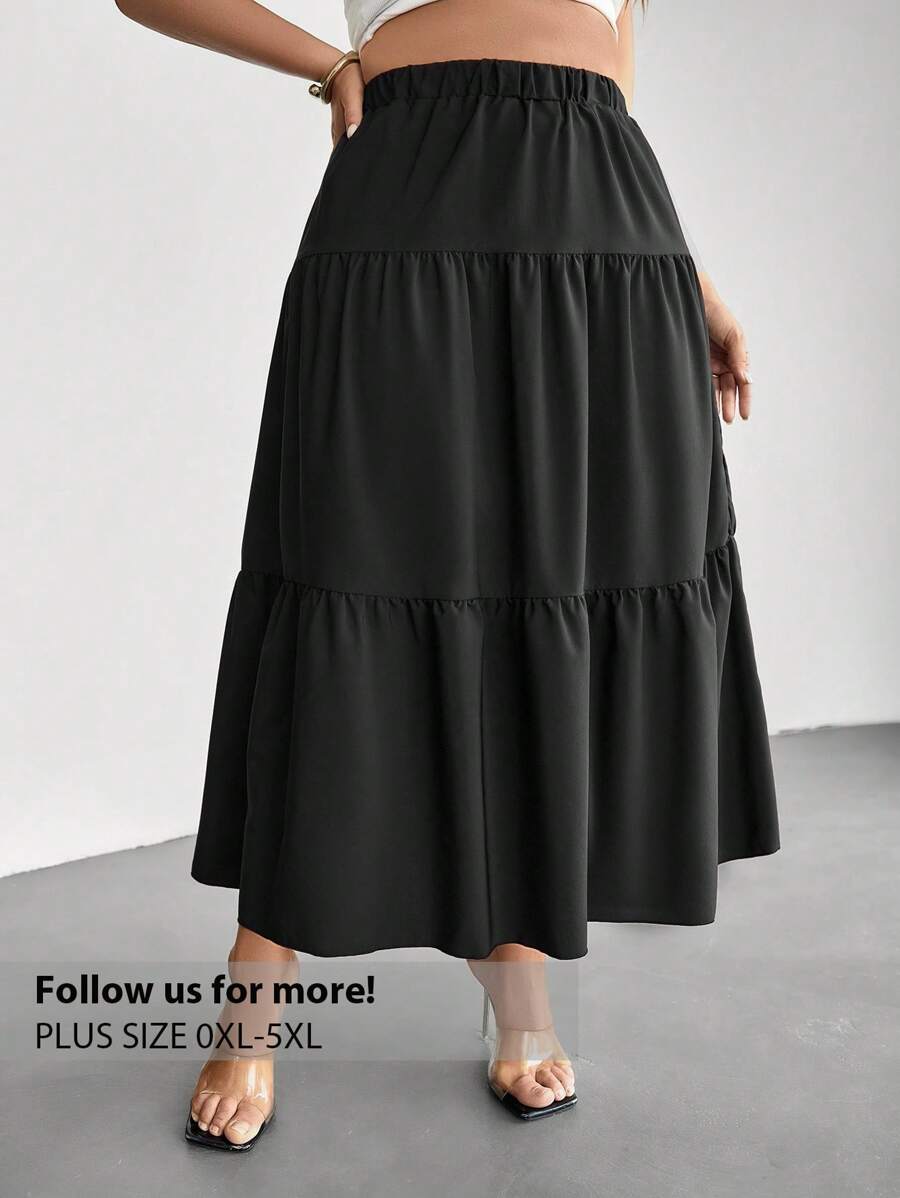 Firerie Plus Size Women's Romantic Multi-Layers Long A-Line Skirt, Black Umbrella Hem Layered Skirt, Summer Outfit For Travel, Holiday, Date