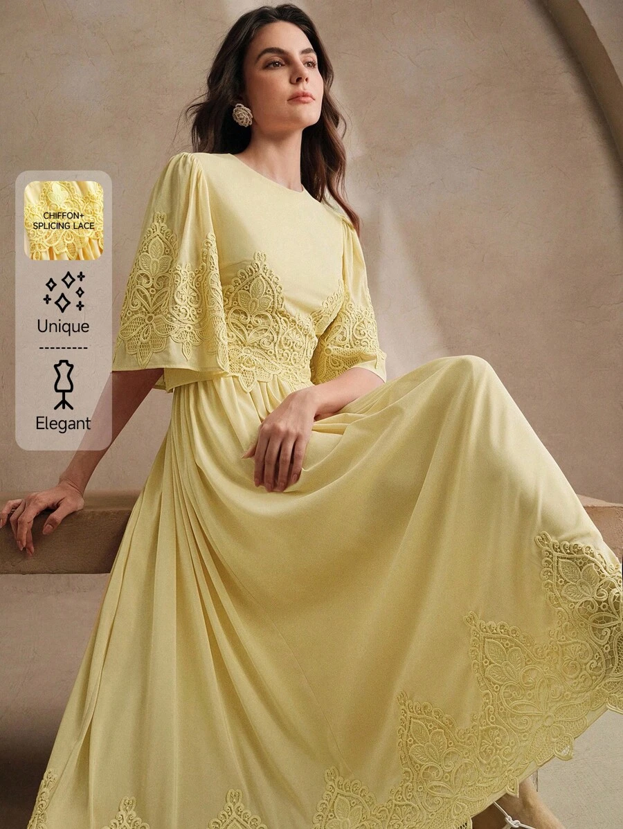 Anewsta New French Elegant Round Neck Patchwork Lace Ruffle 3/4 Sleeve Chiffon Slim Fit Midi Dress, Spring/Summer