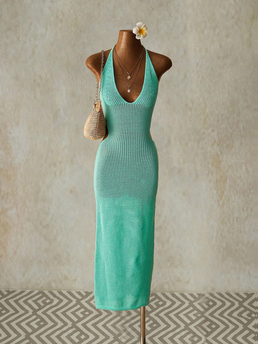 SHEIN ICON Women's V-Neck Hollow Out Back Tie Knitted Long Dress