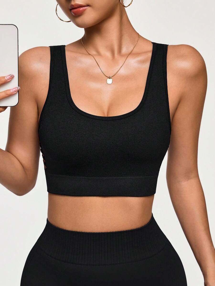 Seamluxe SHEIN Sport 1pc Regular Fit Moisture-Wicking Black Gym Racerback Tank Top, Perforated Side Design, Basic Sportswear For Yoga/Fitness