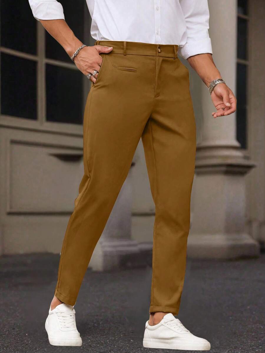 Manfinity Homme Men's Casual Solid Color Tapered Pants, Commute Friendly