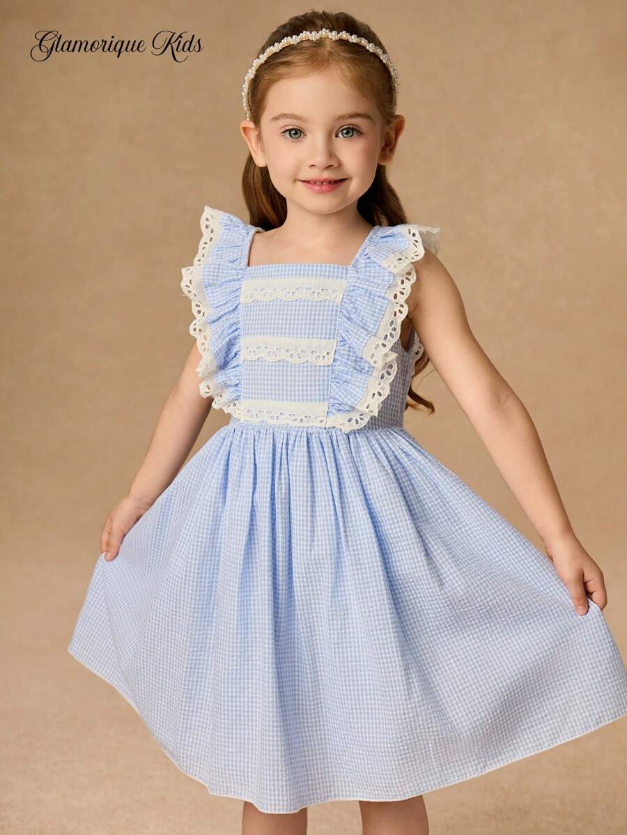 Abito stile principessa a quadri per bambina e ragazza come damigella, con maniche a palloncino, blu, adatto per feste di compleanno, matrimoni, vacanze, tutto l'anno