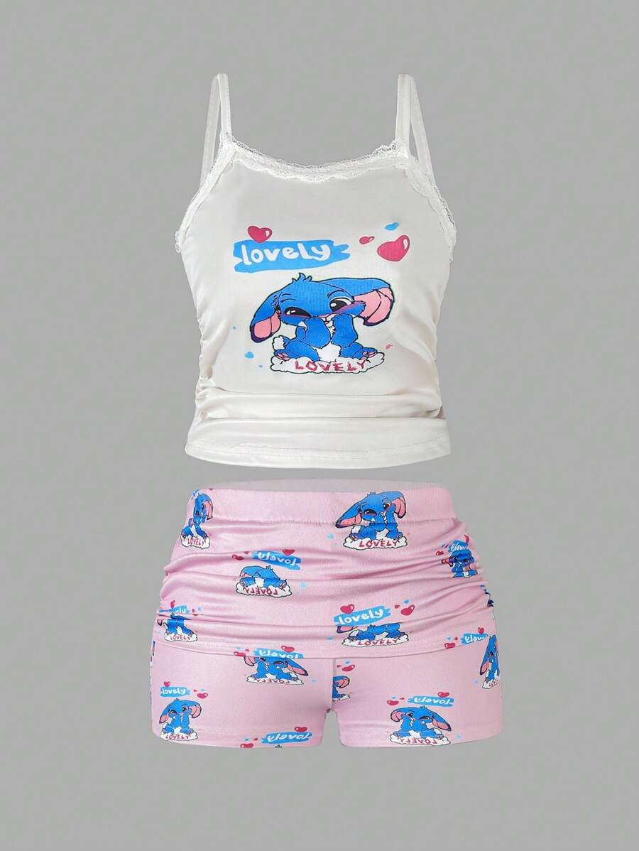 Conjunto de lencería de 2 piezas con camisa de tirantes de encaje de punto y shorts con volantes estampados con conejitos azules lindos para niñas mayores, para primavera/verano