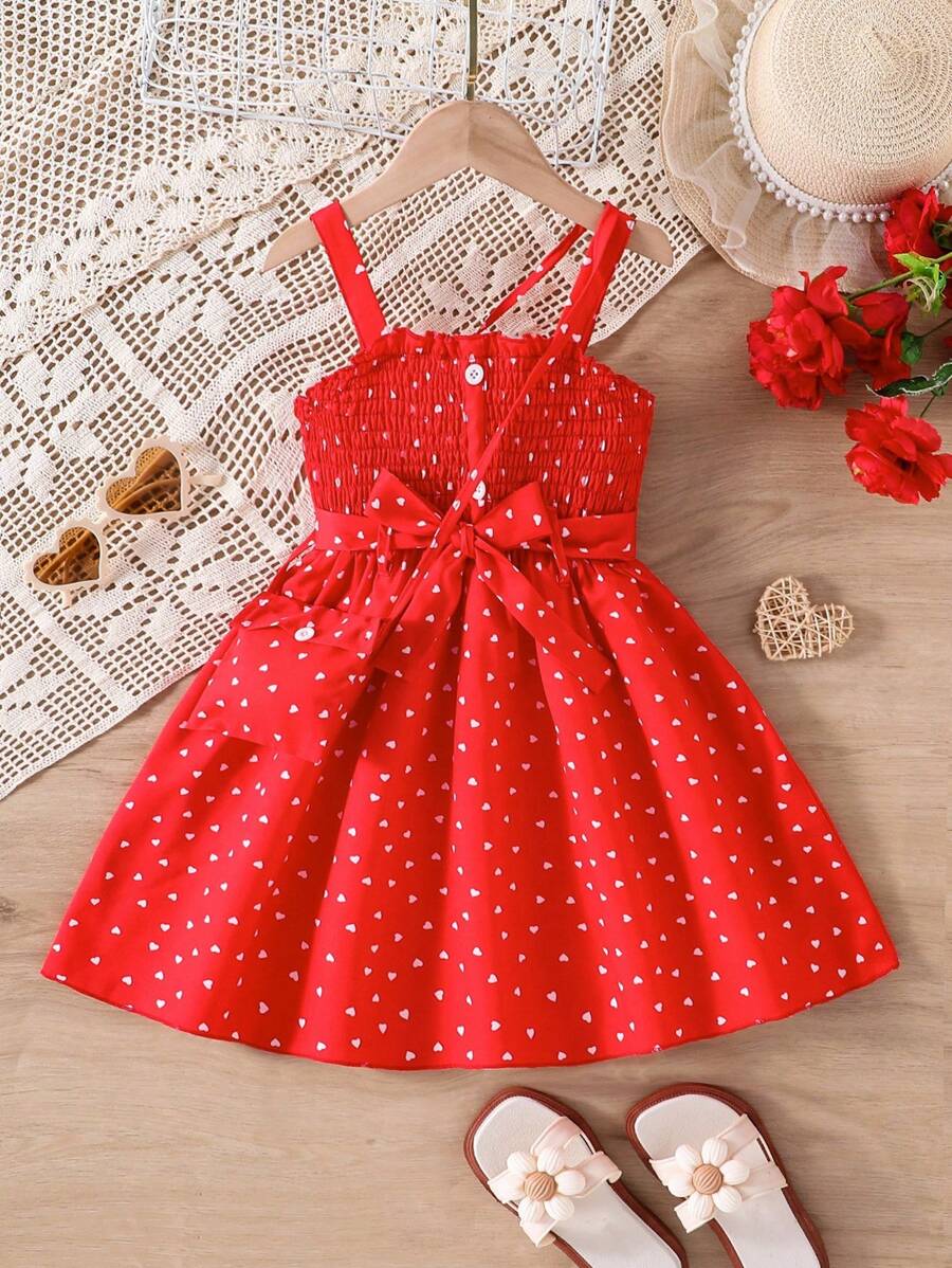 Girls Elegant Short/Sleeveless Dress With Heart Pattern, Including Small Crossbody Bag, Fashionable Design, Cool & Comfortable, High Quality