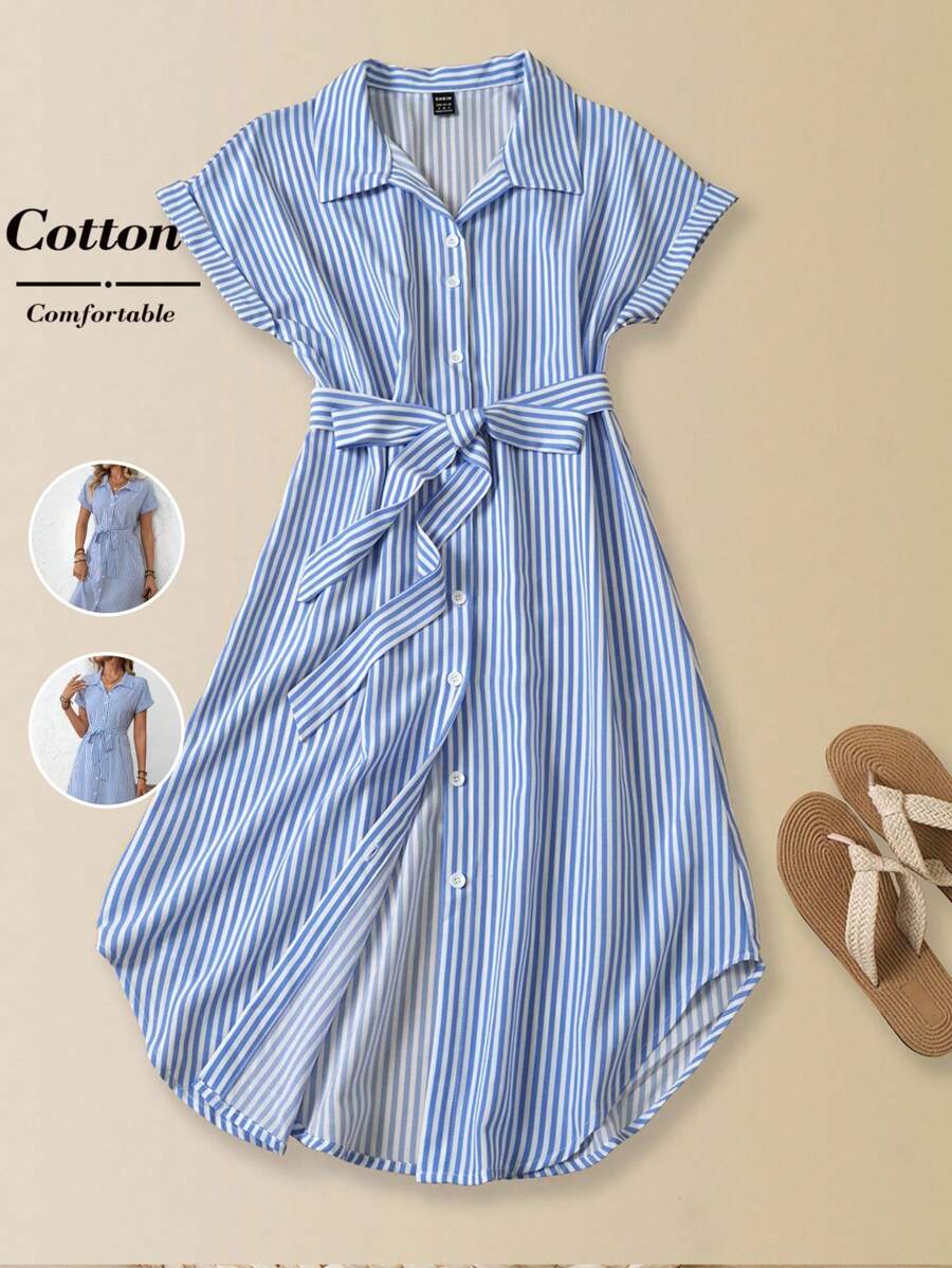 EMERY ROSE Women Striped Batwing Sleeve Casual Midi Shirt Dress