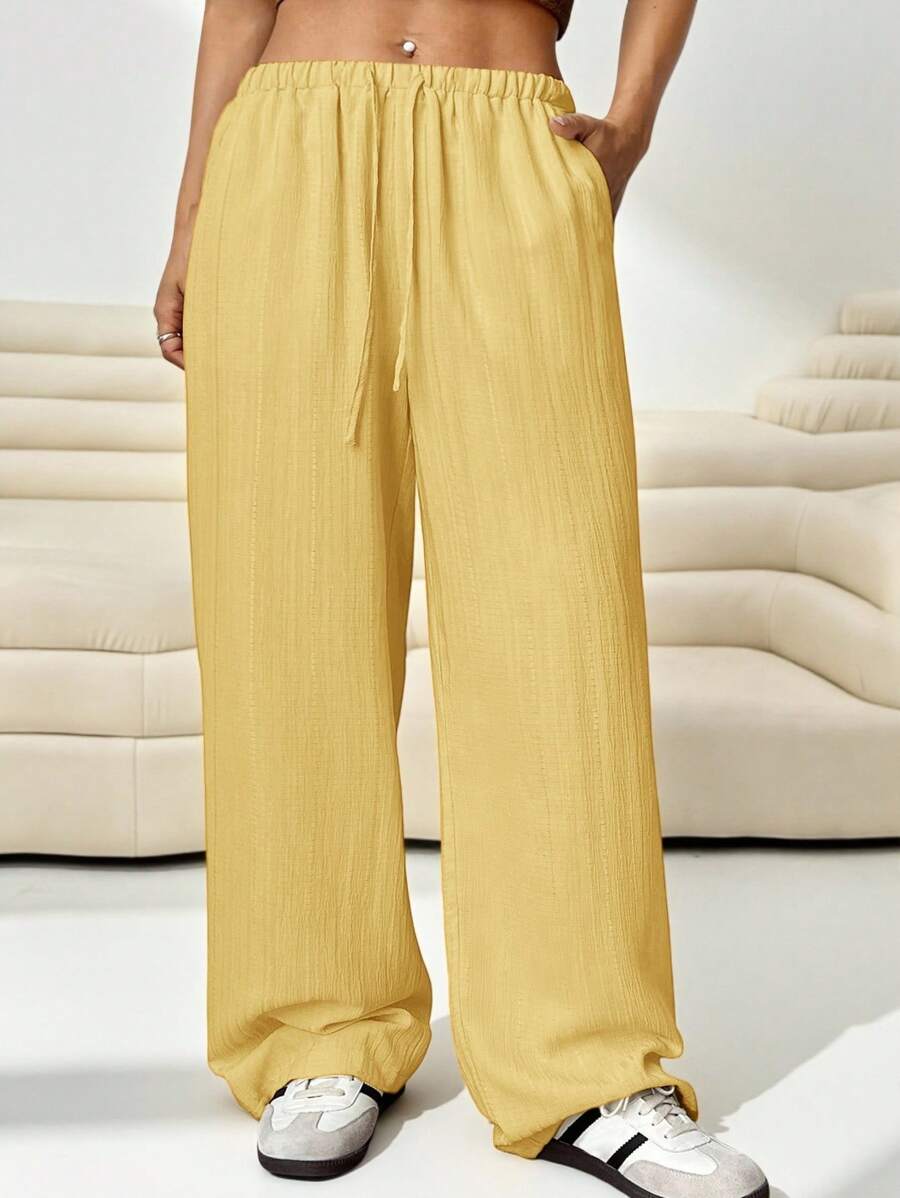 SHEIN EZwear Pantalones largos sueltos tejidos de color jengibre para mujeres de talla grande