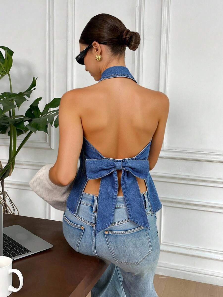 SHEIN Teen Girls Elegant Vacation Beach Casual Stylish Halter Neck Backless Striped Top, Suitable For Music Festival, Graduation, Holidays,Daily Travel, Outdoor, Home, Brunch, Tea Party, Commute, Airport Wear,Girls Autumn Fall Clothes Outfits,Kids Back To School Clothes