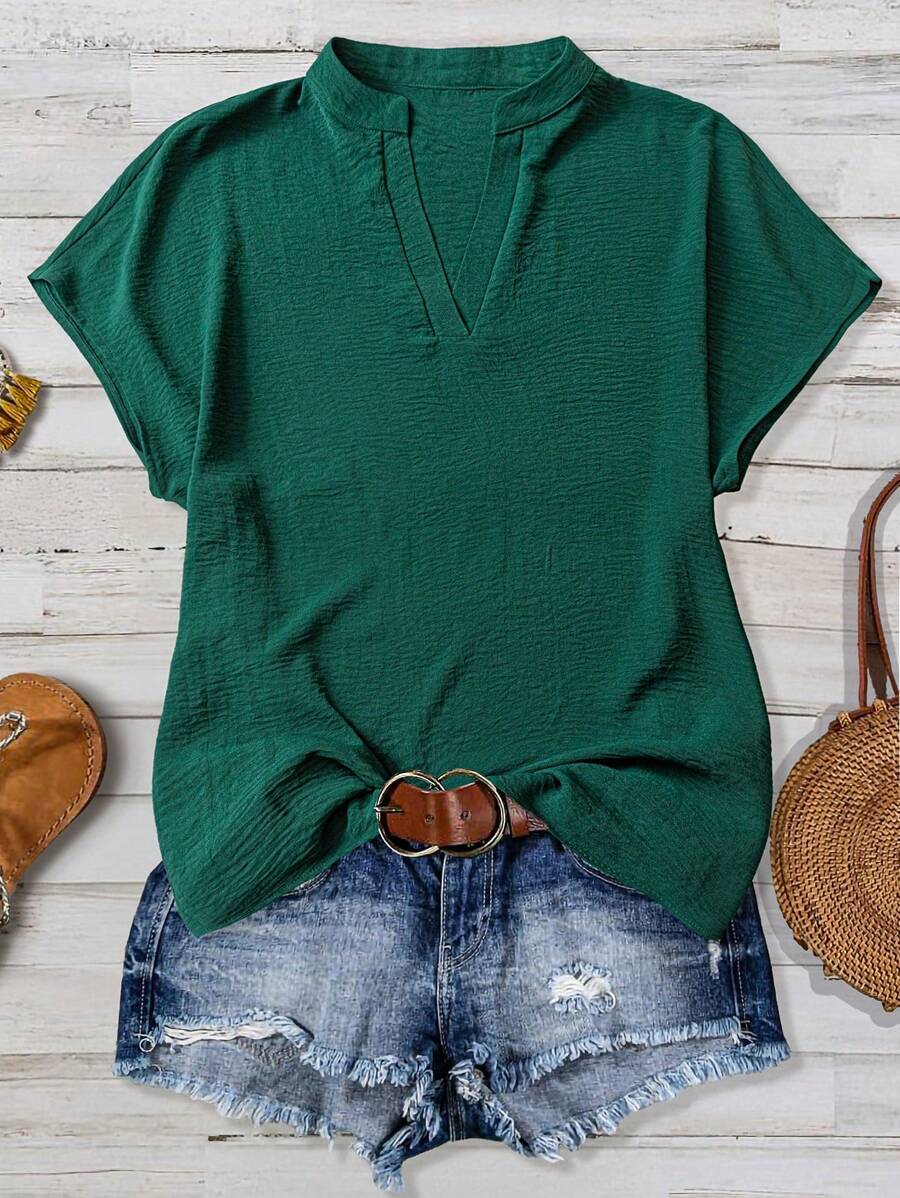 Linhara Blusa de manga corta de tela texturizada verde en talla grande para mujer, primavera/verano