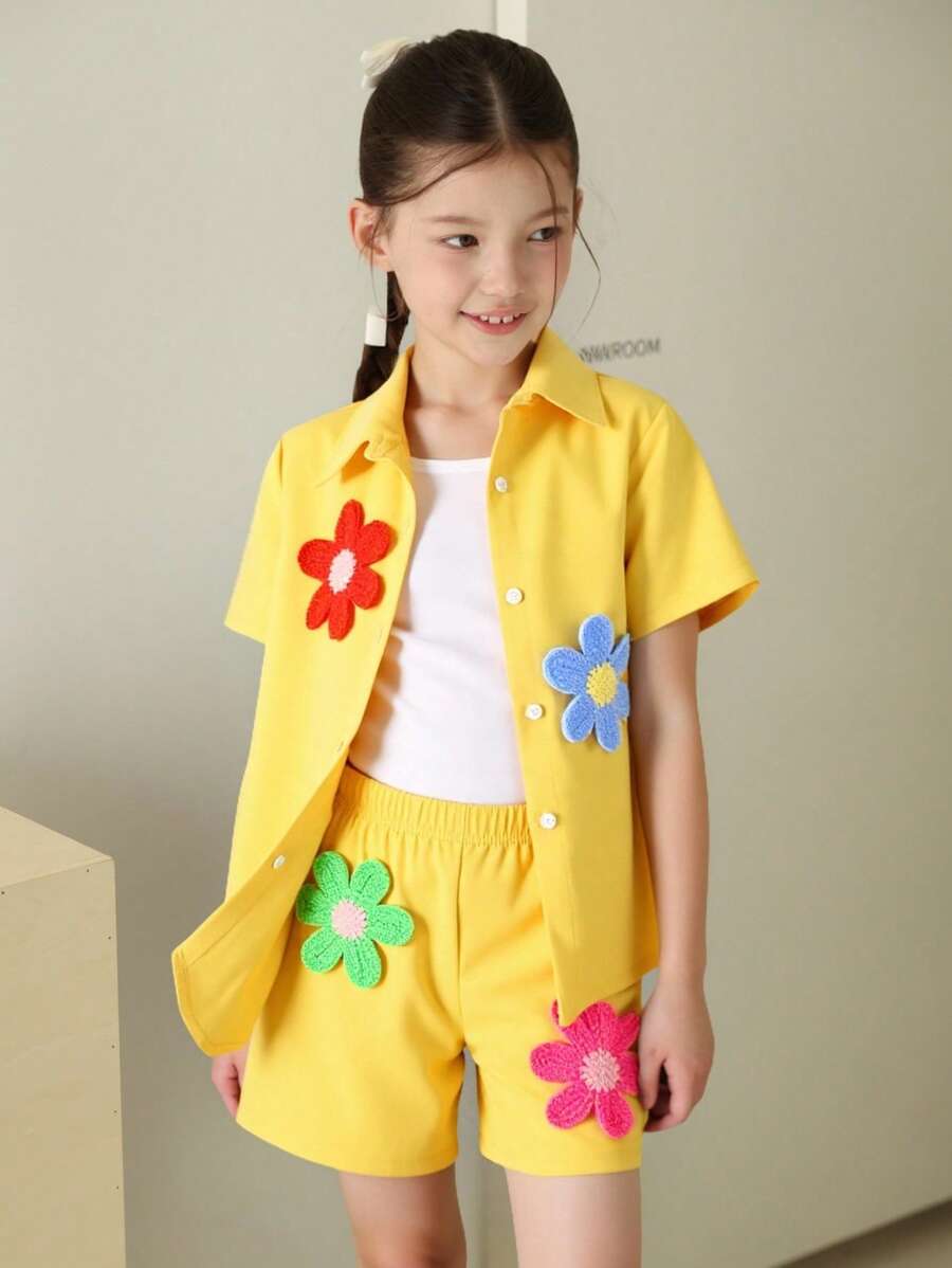 Tween Girls3pcs Set: 3D Floral Short Sleeve Shirt + Solid Color Camisole + Shorts, Casual Summer Outfit