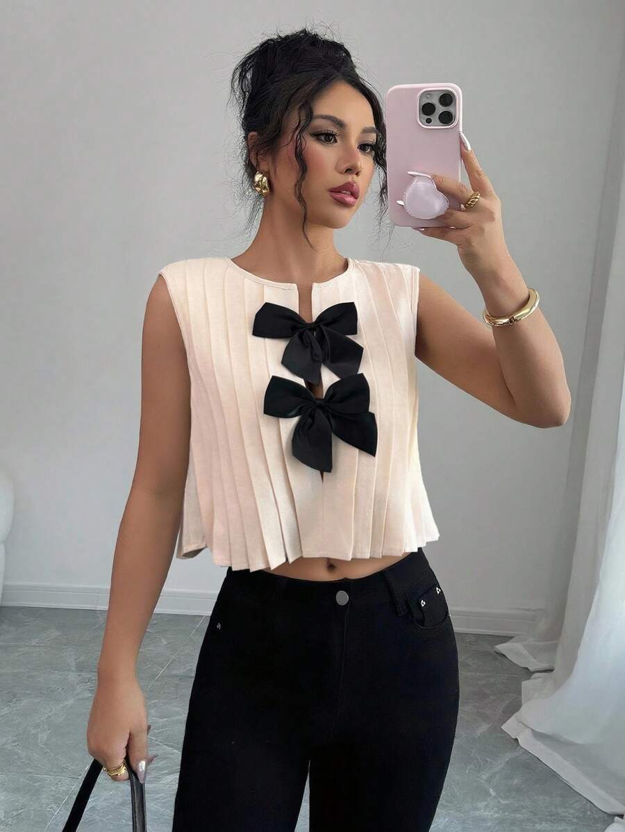 Elenzga Camisa informal sin mangas con decoración de lazo, simple y versátil