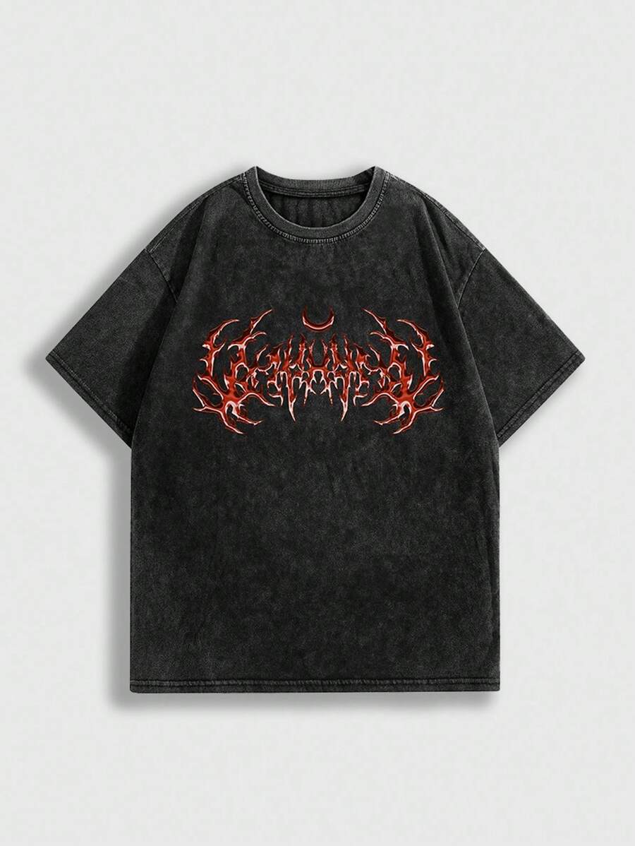 ROMWE MEN Goth Camiseta casual de cuello redondo de manga corta con estampado gótico para hombre, de verano