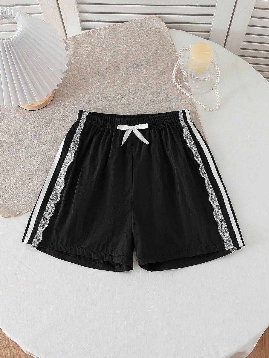 Genkimix Kids Pantalones cortos deportivos anchos de estilo suelto con parches de encaje, versión coreana de moda casual para niñas preadolescentes en verano