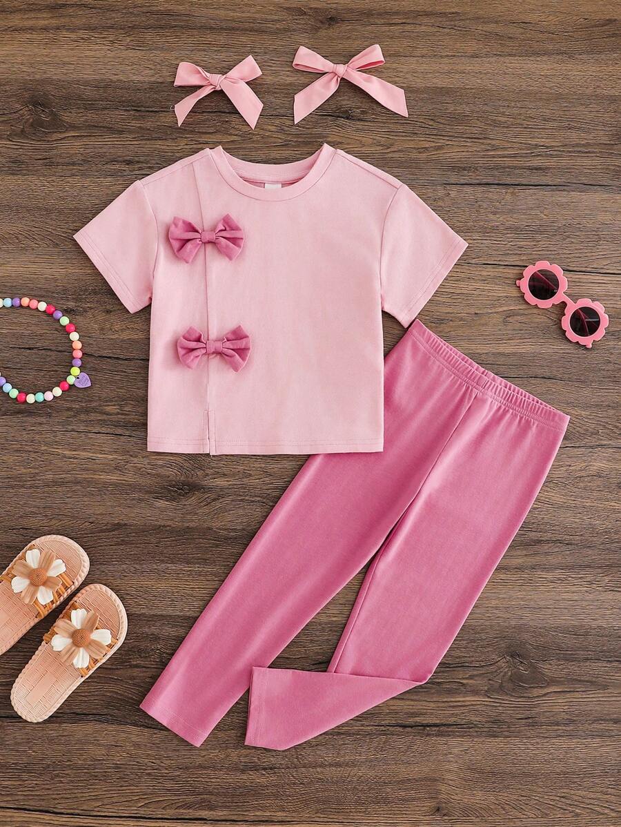 2 pezzi Set composto da maglietta girocollo in maglia monocolore e pantaloni skinny per ragazze giovani