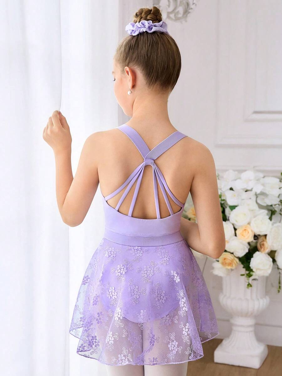 Tween Girls' 2Pcs Purple Ballet Leotard & Lace Skirt Set, Slim-Fit High Elasticity Fitness Outdoor Sports Dance Activewear