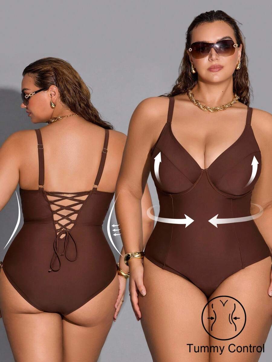 Shapewave Plus Size Women's Tummy Control Swimsuit, Padded Criss-Cross Back One-Piece Swimwear For Beach Vacation