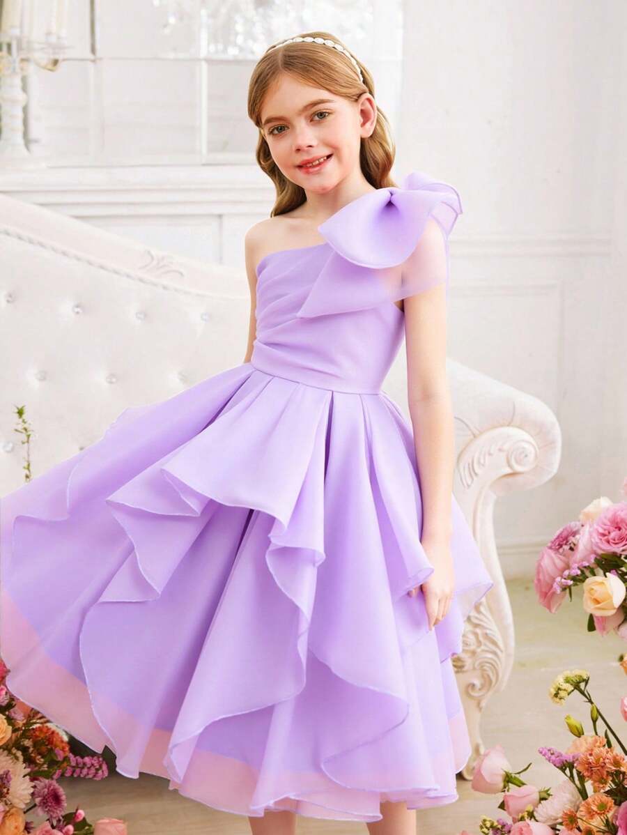 SHEIN Tween Girl Exaggerated Ruffled One Shoulder Big Bow Organza Dress
