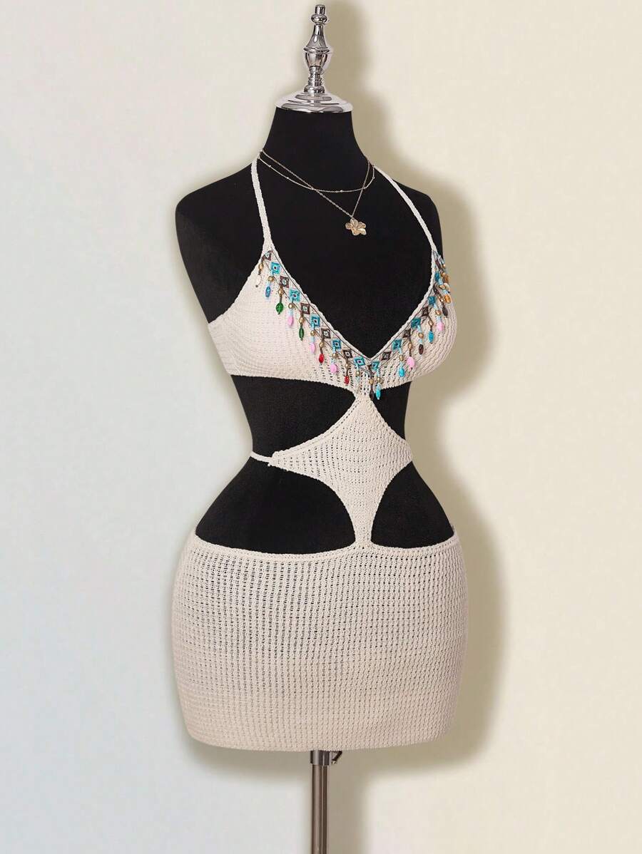 SHEIN ICON Vestido mini de punto con decoración de colgante sexy y espalda descubierta para vacaciones de mujer