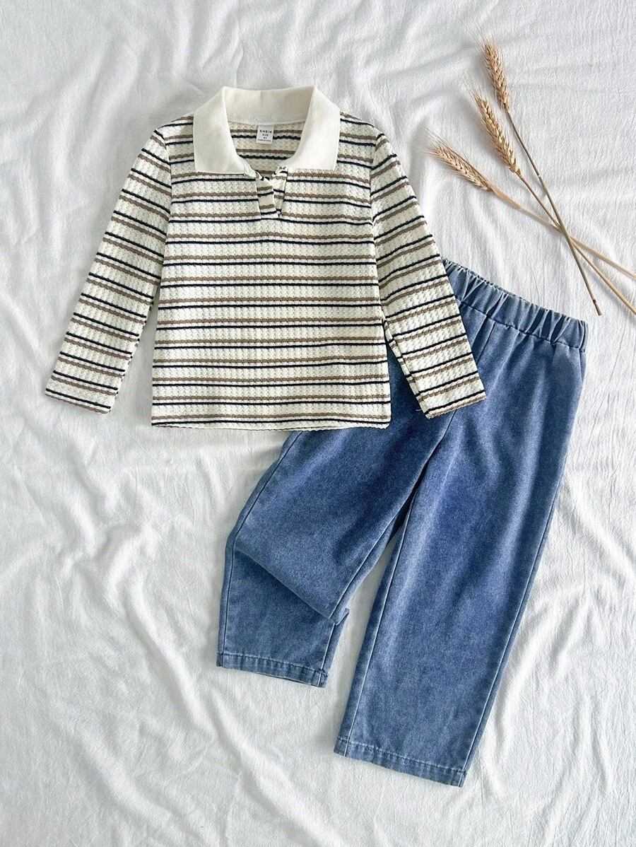 SHEIN Vintaside Kids Set de 2 piezas: Camiseta de manga larga con cuello a rayas y jeans de mezclilla casual para niño pequeño, adecuado para varias ocasiones