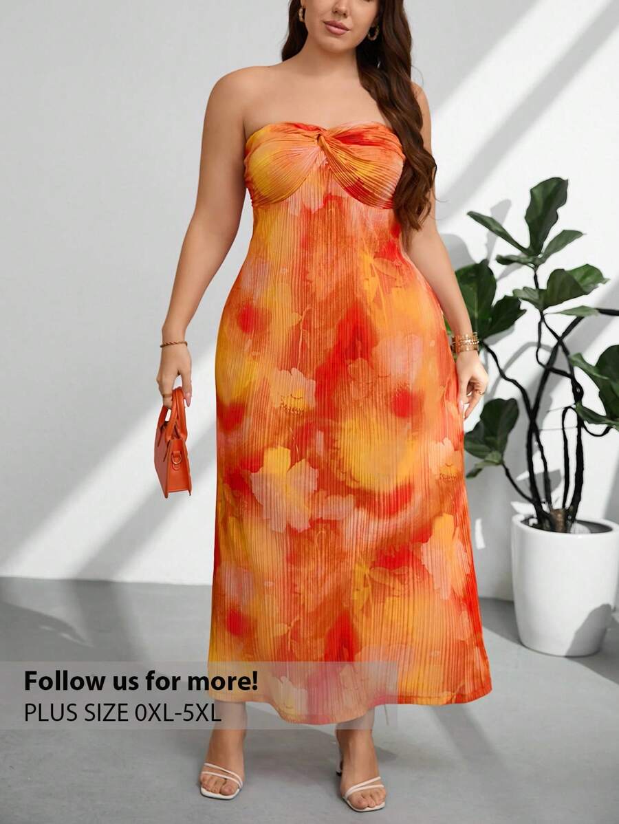 Firerie Vestido de mujer de talla grande de estilo elegante y casual, perfecto para vacaciones, días soleados, citas románticas. Vestido con parte superior tipo tubo, detalle de nudo frontal, de tela suelta, con estampado de flores y teñido anudado, con volantes.