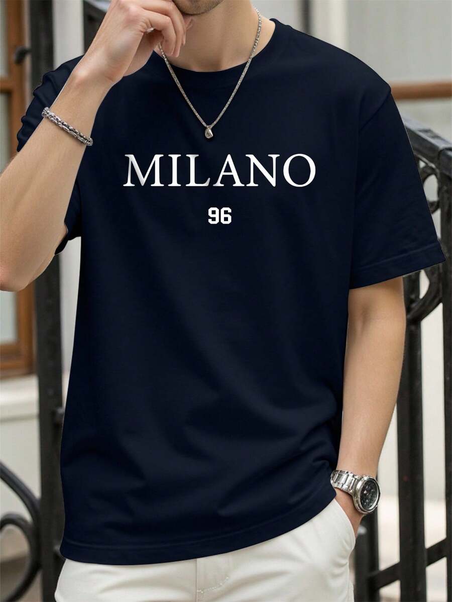 Manfinity Homme Camiseta holgada para hombres con hombros caídos y estampado alfanumérico para el verano
