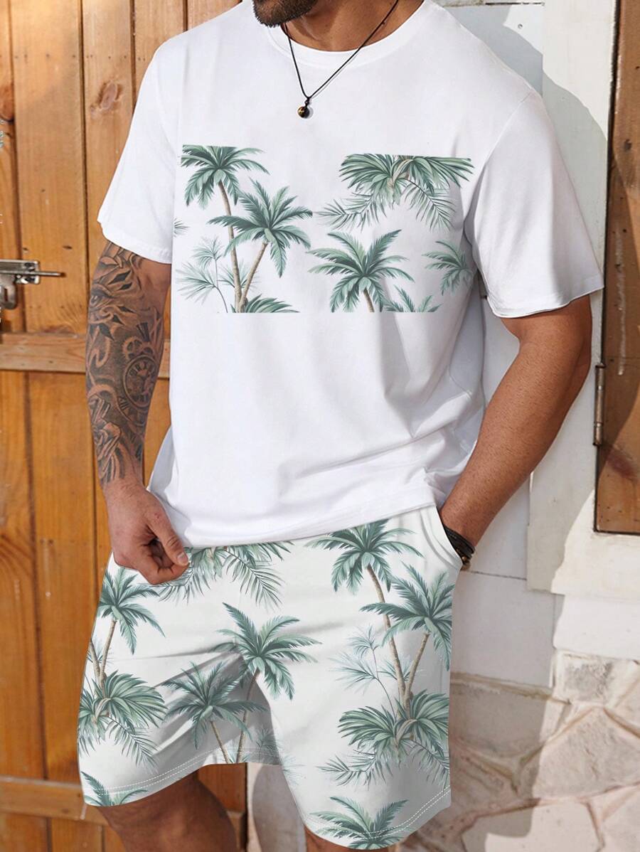 Manfinity RSRT Conjunto de camiseta y pantalones cortos de talla grande para hombre con estampado de árboles de coco, para vacaciones de verano
