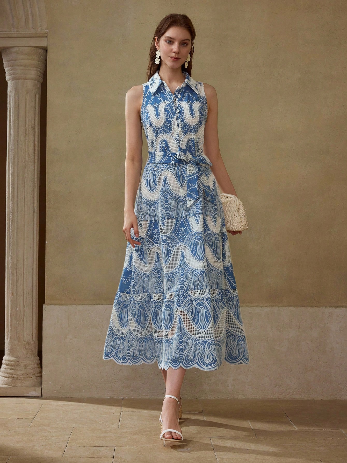 優雅な二色トーンの中空刺繍カジュアルリゾートポロカラードレス｜Motf