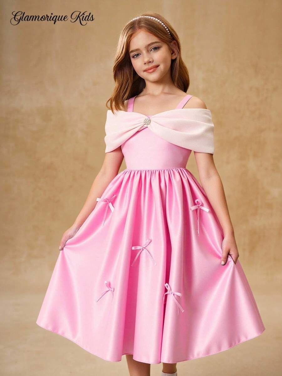 Glamorique Kids French Retro Spaghetti Strap Bowknot Diamond Waist Flare Summer New Satin Formal Dress Girls Dress