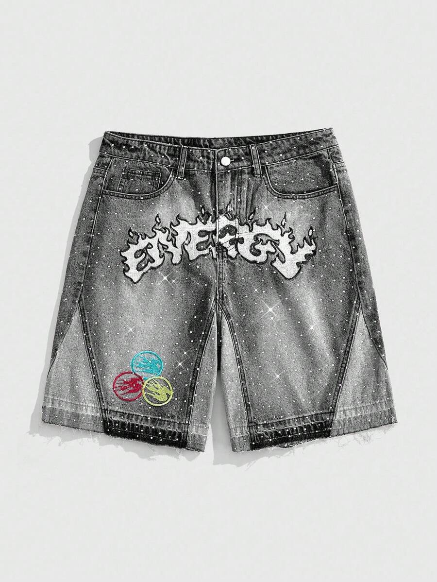 ROMWE MEN Street Life Pantalones cortos de mezclilla para hombre con parches de diamante y color contrastante