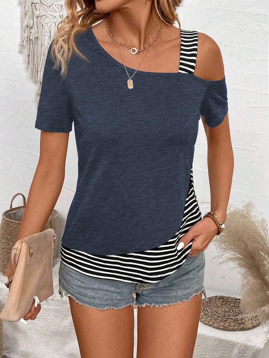 EMERY ROSE Patchwork Striped Asymmetrical Collar Casual T-Shirt Graphic Tees Women Tops
