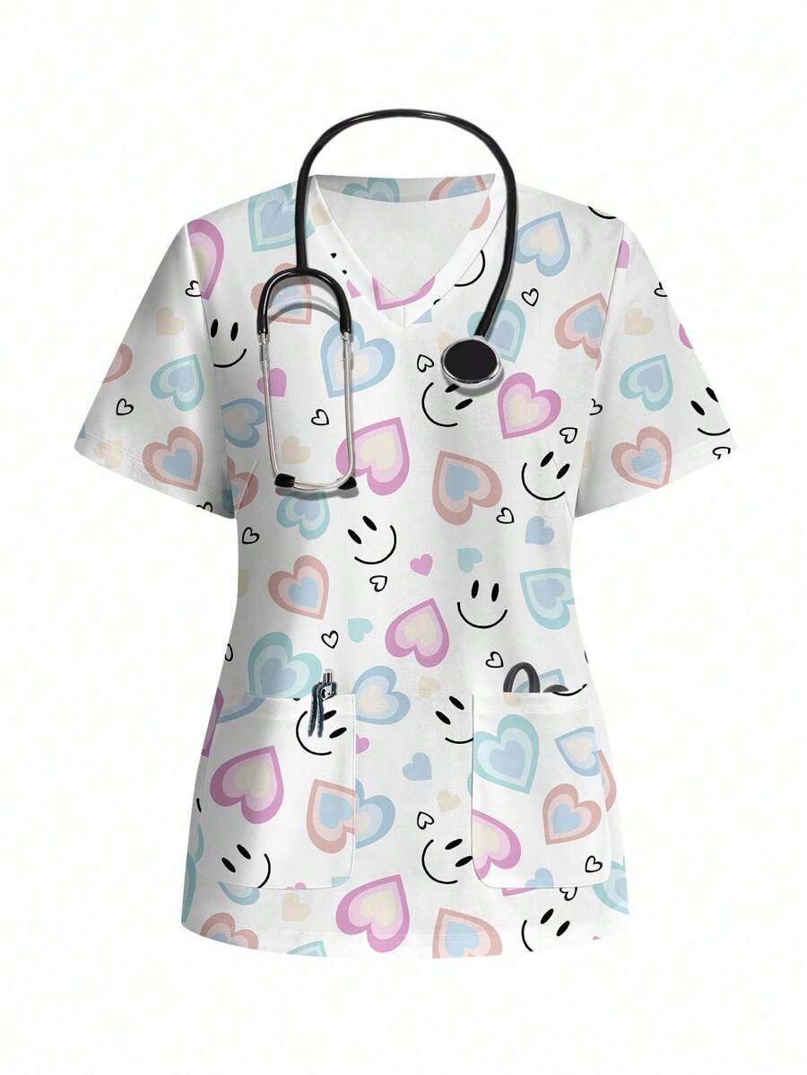 PopScrub Einfaches, lässiges Scrub-Uniform-Oberteil mit Herz- und Lächelgesicht-Muster